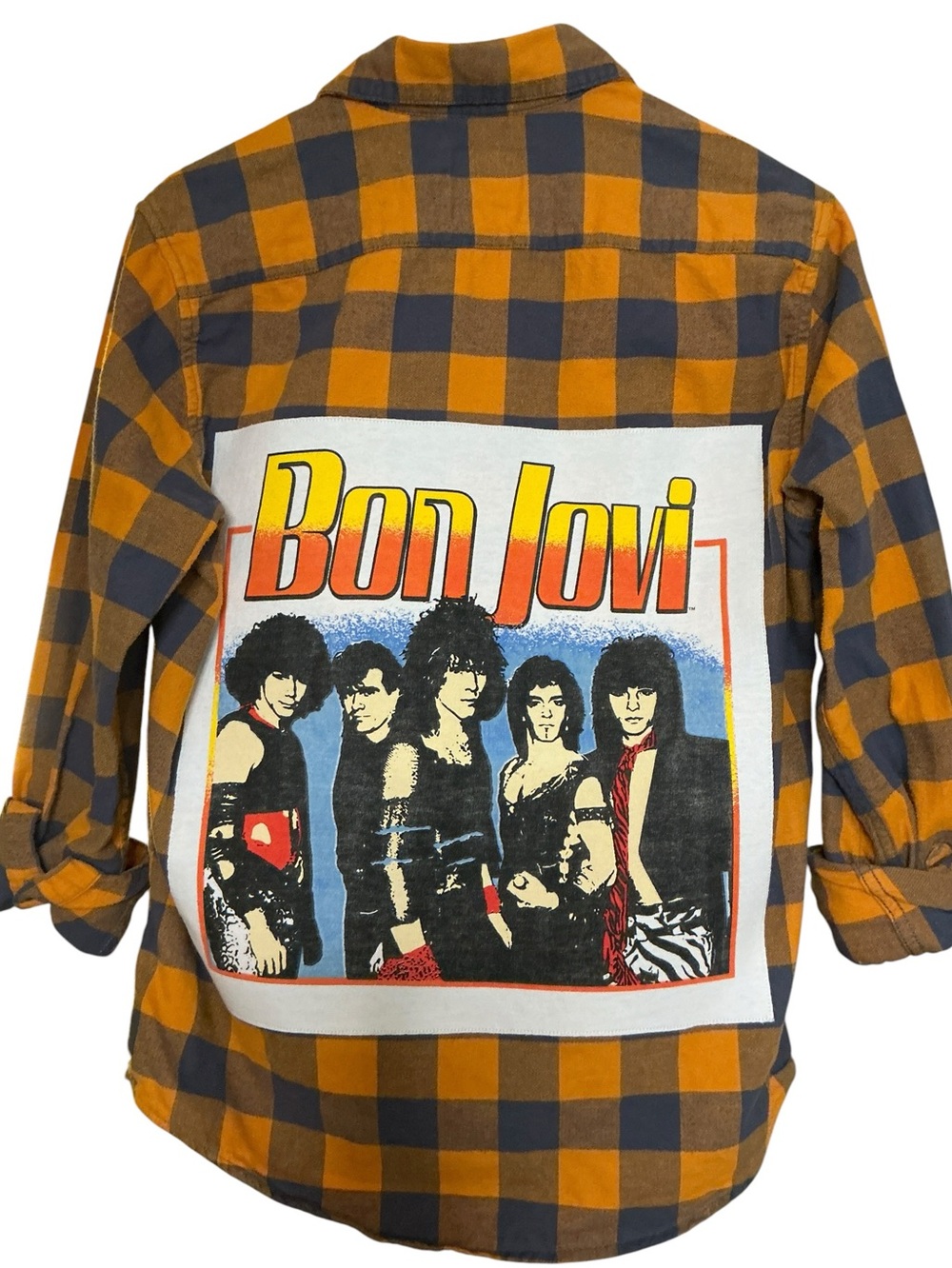 Bon Jovi Upcycled Band T Shirt Flannel Checked Top Festival Boyfriend Grunge